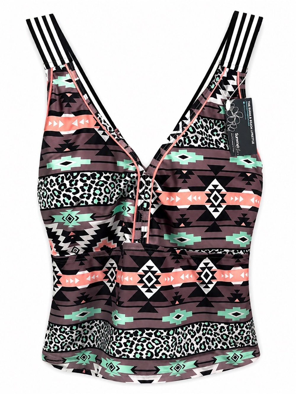 Womenβs Bathing Suit Top with Aztec Print - Pink, Mint, Black & Coral ~ NWT XL - Picture 2 of 8